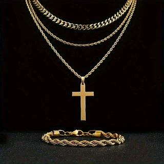Wholesale Jewelry Titanium Steel Geometric Cuban Chain Double Layer Cross Pendant Necklace - Image 4