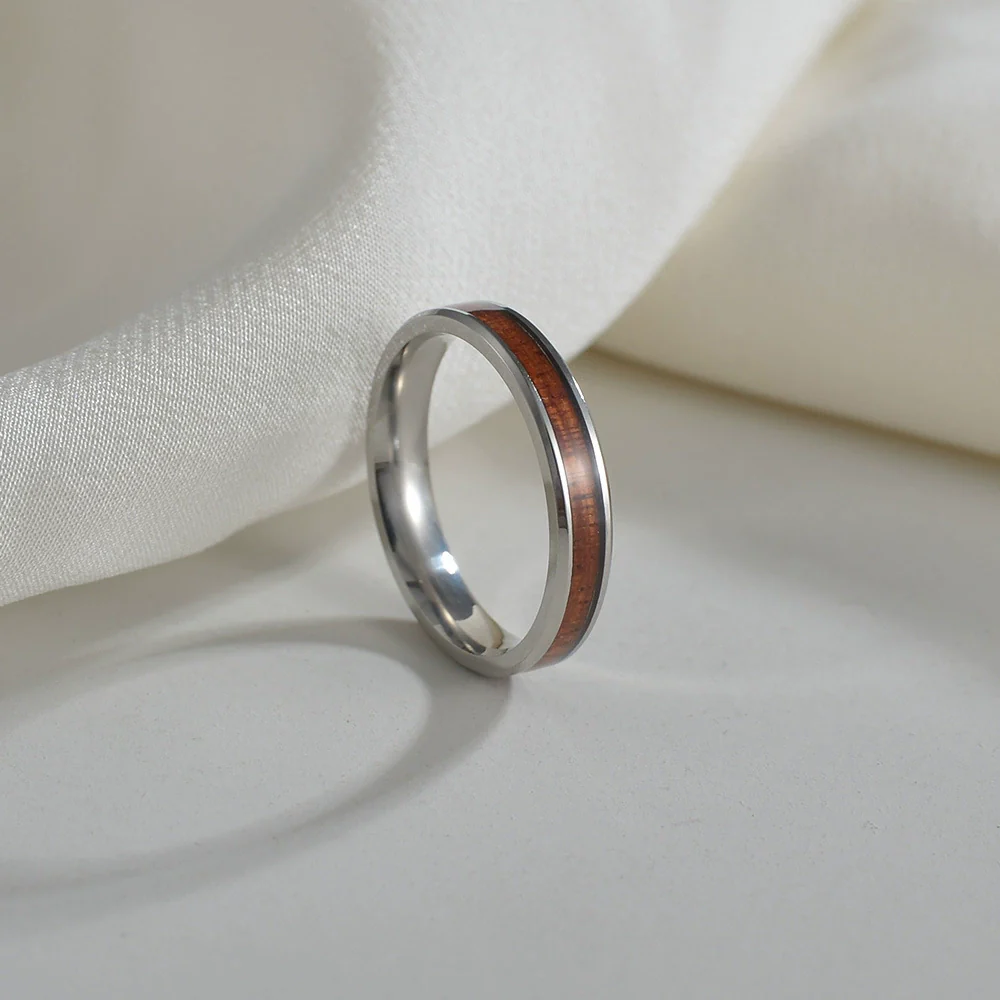 Wholesale Jewelry Titanium Steel Geometric Hawaiian Acacia Wood Inlaid Ring Couple Jewelry