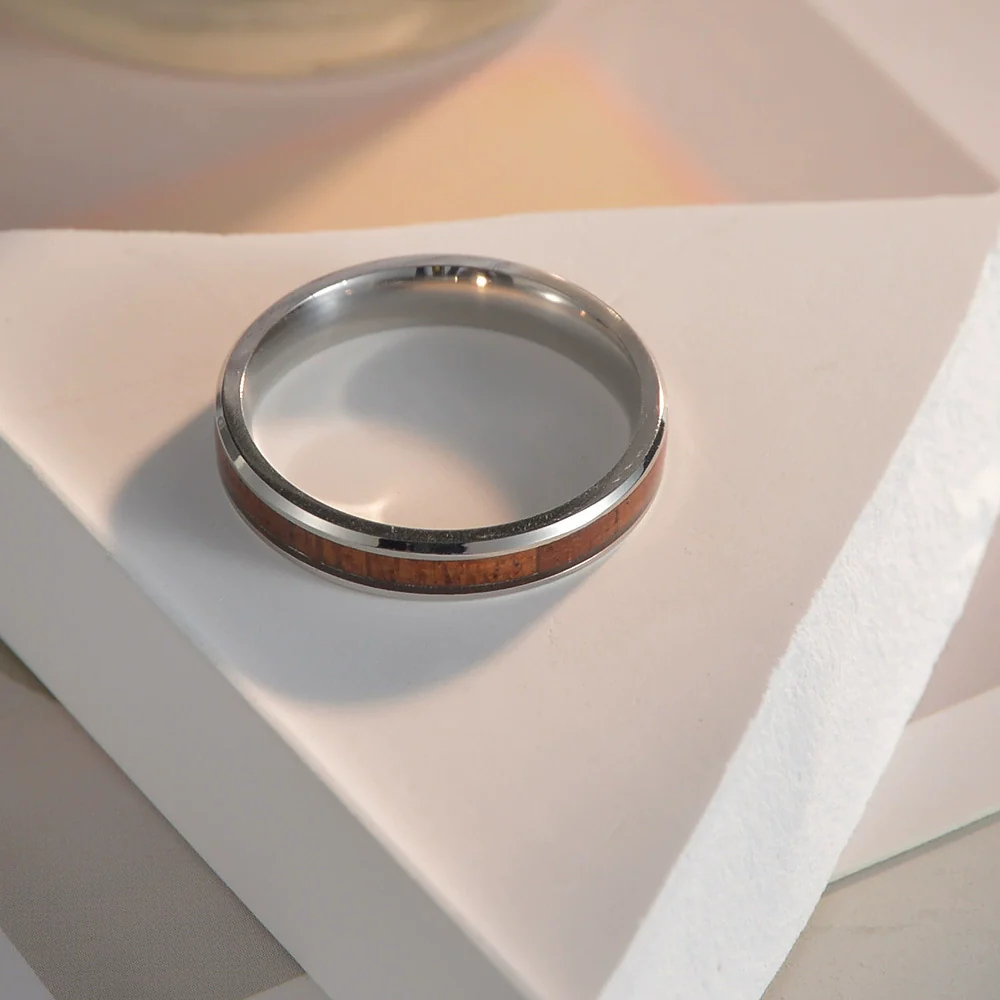 Wholesale Jewelry Titanium Steel Geometric Hawaiian Acacia Wood Inlaid Ring Couple Jewelry - Image 3