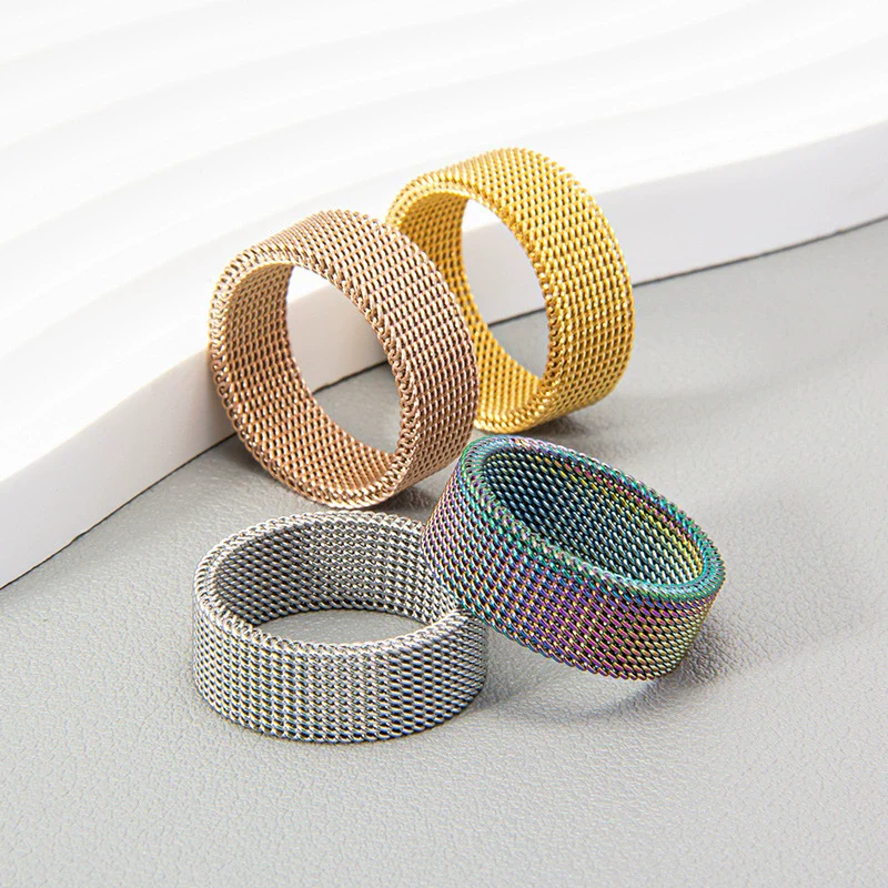 Wholesale Jewelry Titanium Steel Geometric Woven Mesh Deformation Ring Electroplated - Image 2