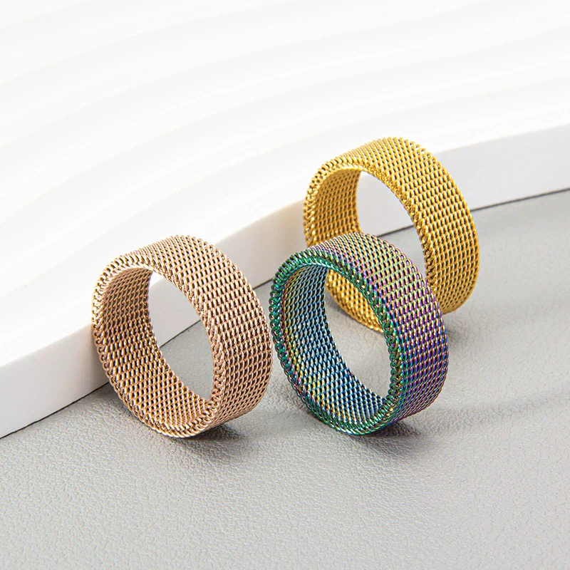 Wholesale Jewelry Titanium Steel Geometric Woven Mesh Deformation Ring Electroplated - Image 3