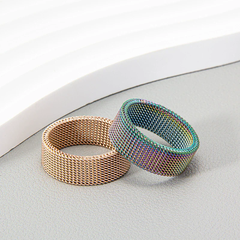 Wholesale Jewelry Titanium Steel Geometric Woven Mesh Deformation Ring Electroplated - Image 4