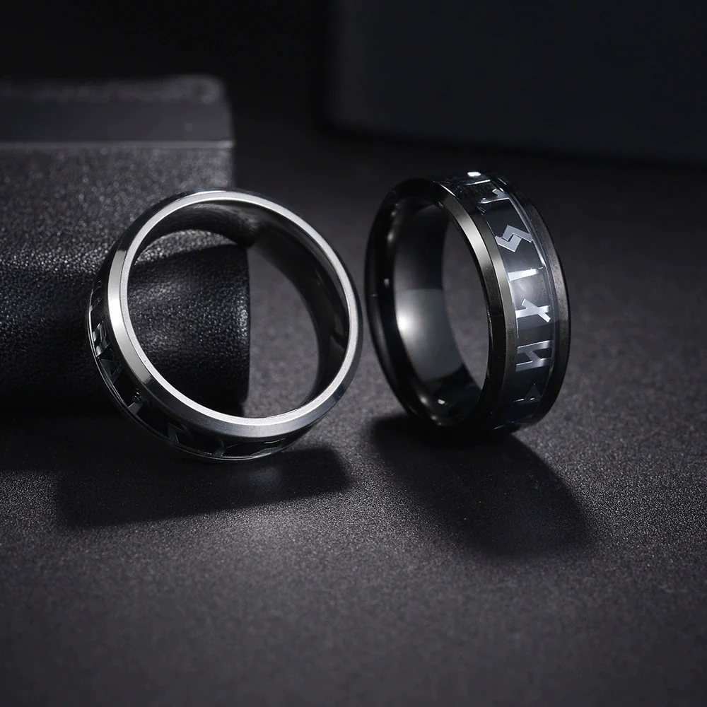 Wholesale Jewelry Viking Style Titanium Steel Men's Ring With Letters Numbers Text And Dripping Oil Design - Image 3