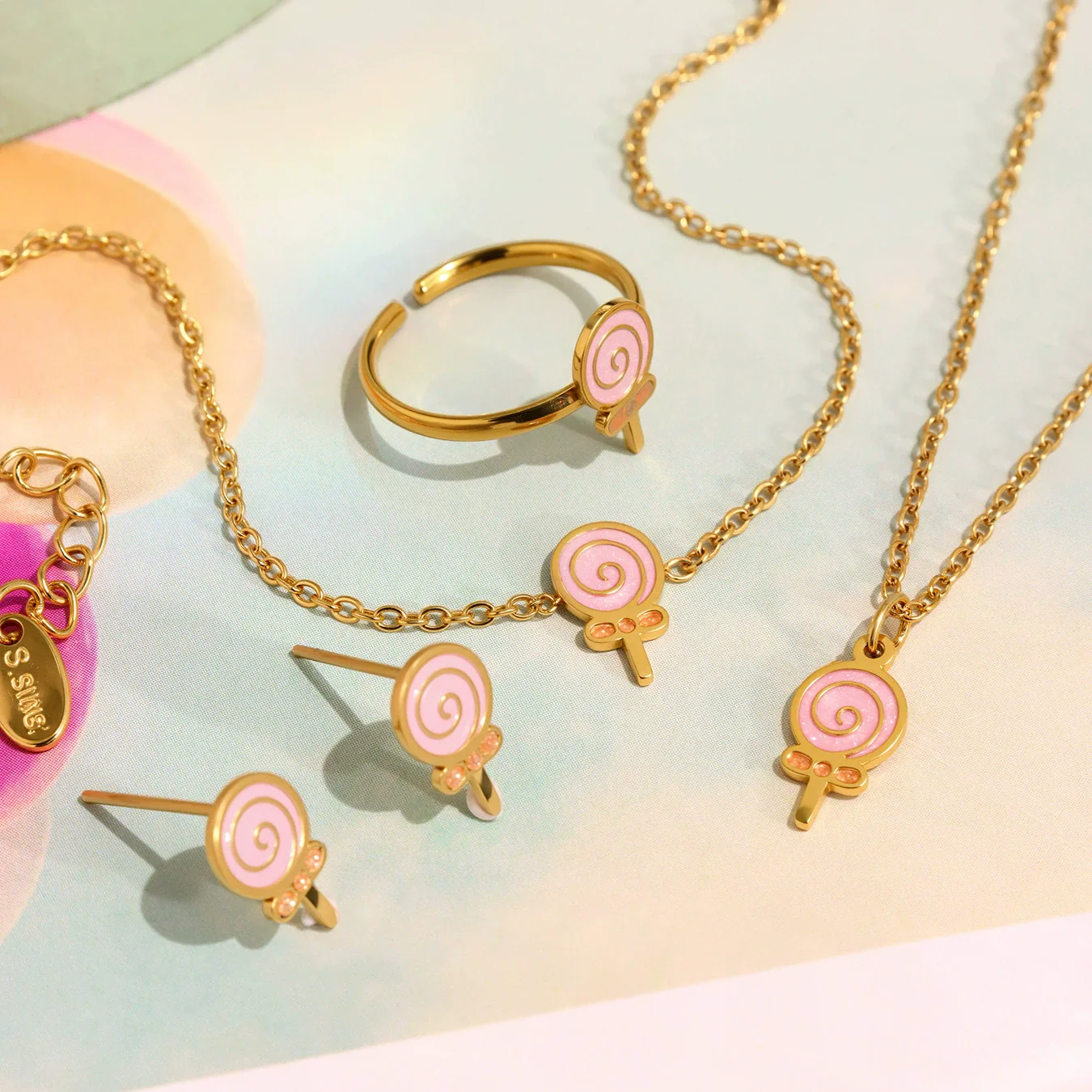 Wholesale Kids' Jewelry Ferris Wheel And Lollipop Design Stainless Steel Enamel Glaze And Titanium Steel Electroplated Necklace Bracelet Ring Earrings - Image 2