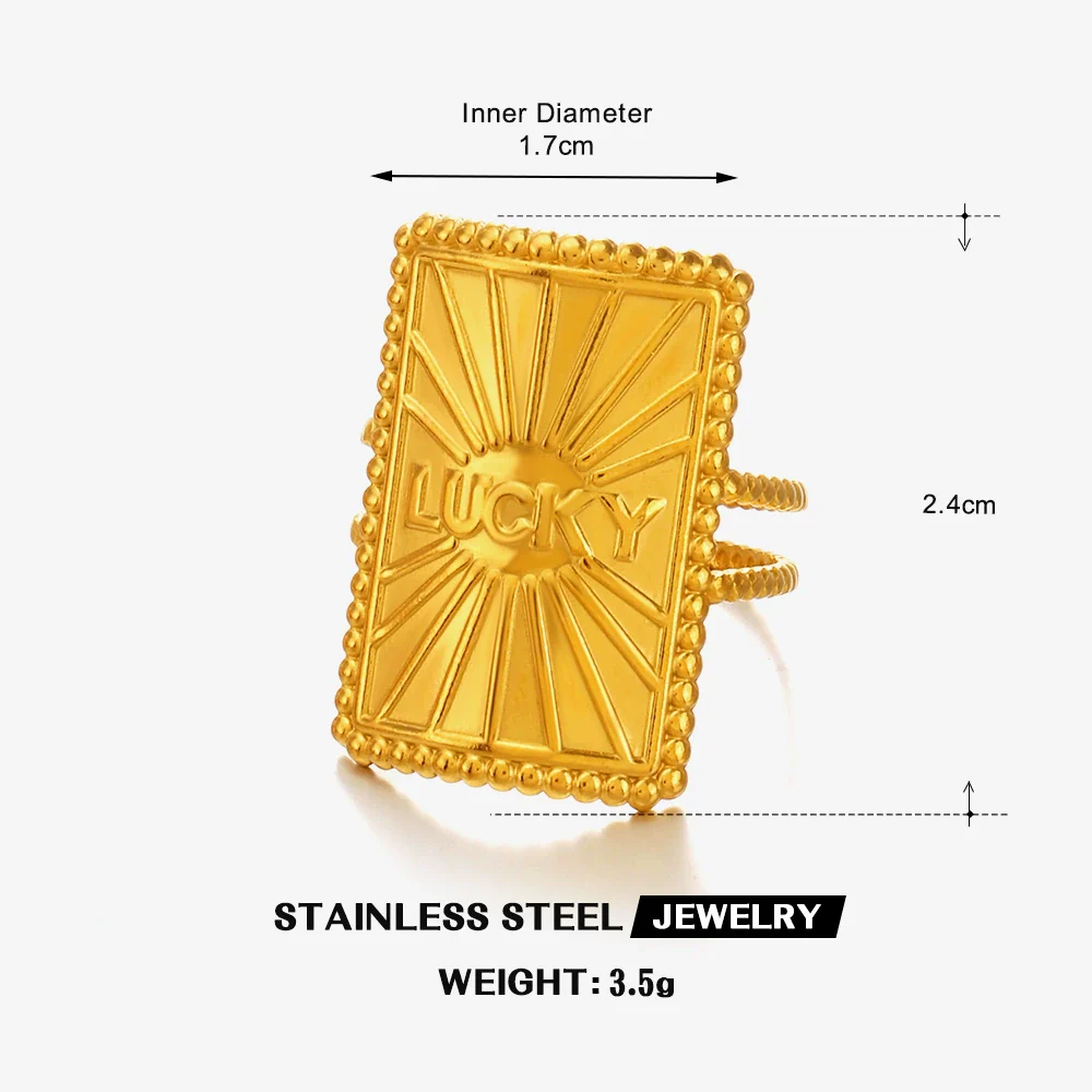 Wholesale Ladies' Adjustable Opening Ring With Letter Number Text Pattern In Rectangular Geometric Stainless Steel Electroplated Design - Image 6