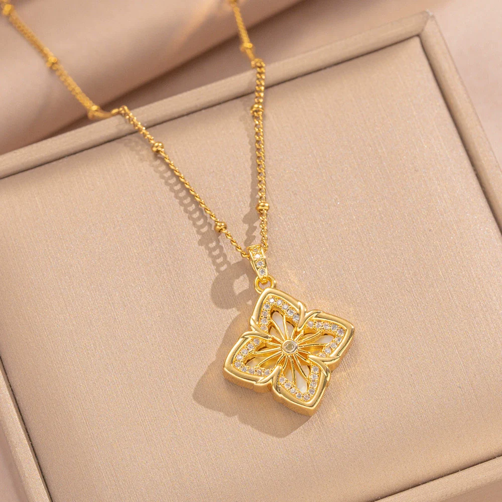 Wholesale Ladies' Geometric Floral Rhombus Pendant Necklace With 18K Gold Plated Copper And Zircon Inlay On Titanium Steel Flash Ochain - Image 2