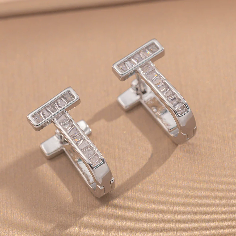 Wholesale Light Luxury Copper Electroplated Diamondencrusted Zircon Tshaped Women's Earrings - Image 4