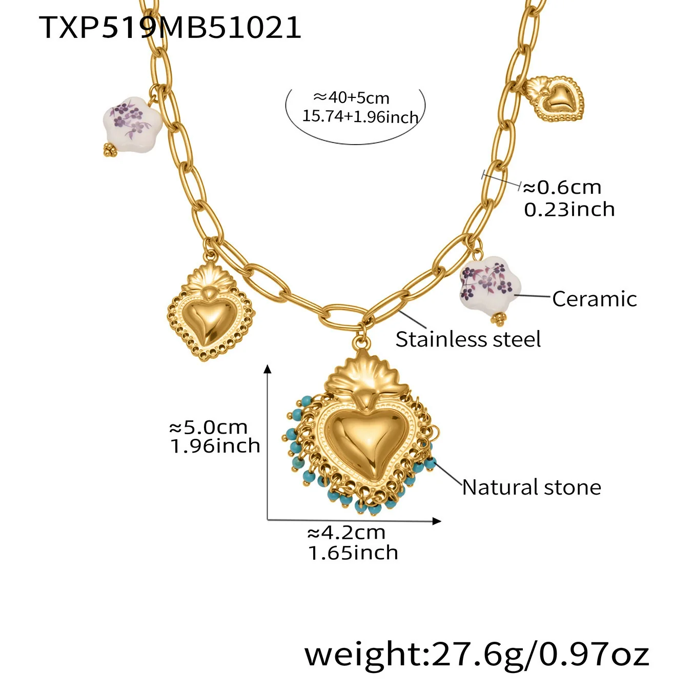 Wholesale Light Luxury Electroplated Stainless Steel Tassel Crown Heart Print Multiaccessory Pendant Necklace And Earrings Set For Women - Image 9
