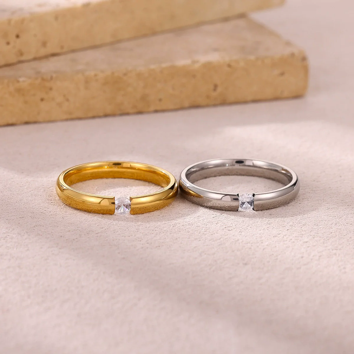 Wholesale Light Luxury Geometric Fruit Shaped Inlaid With Gold Women's Stainless Steel Micropaved Zircon Couple Ring Accessories