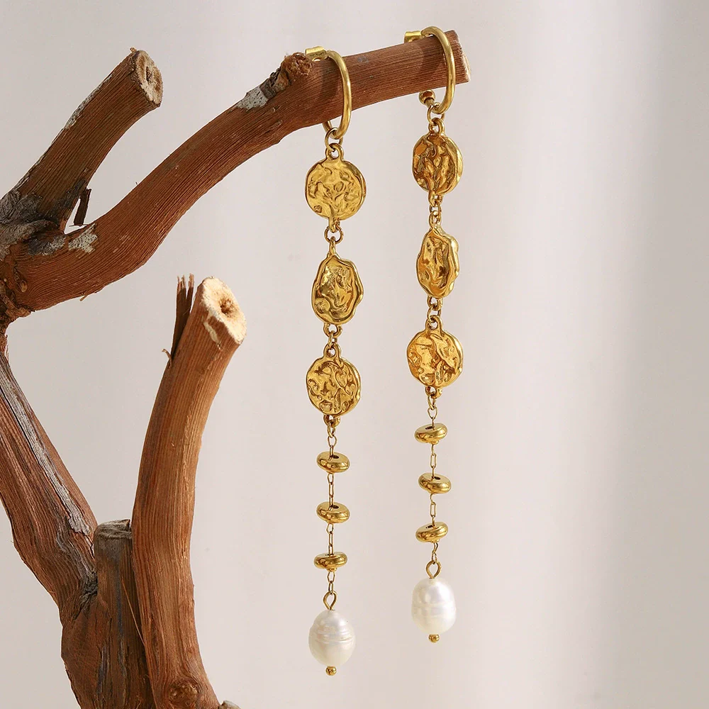 Wholesale Light Luxury Geometric Hammered Pattern Long Tassel Pearl Stainless Steel 18K Gold Plated Earrings For Women