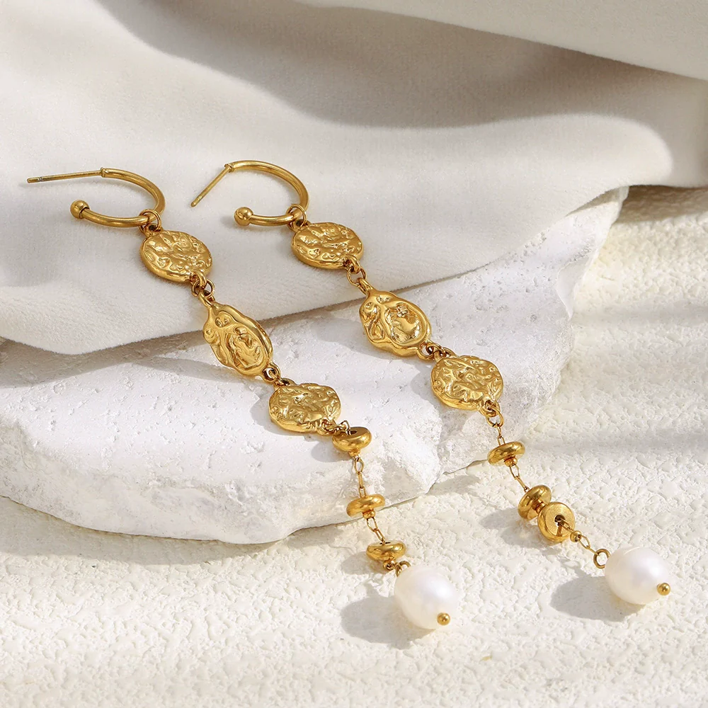 Wholesale Light Luxury Geometric Hammered Pattern Long Tassel Pearl Stainless Steel 18K Gold Plated Earrings For Women - Image 4