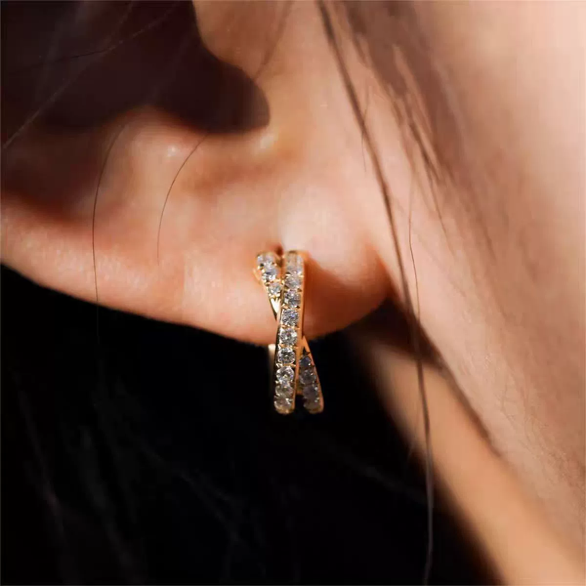 Wholesale Light Luxury Geometric Silver S925 Diamond Double Row Cross Earrings Plated With 18K Gold For Women - Image 4