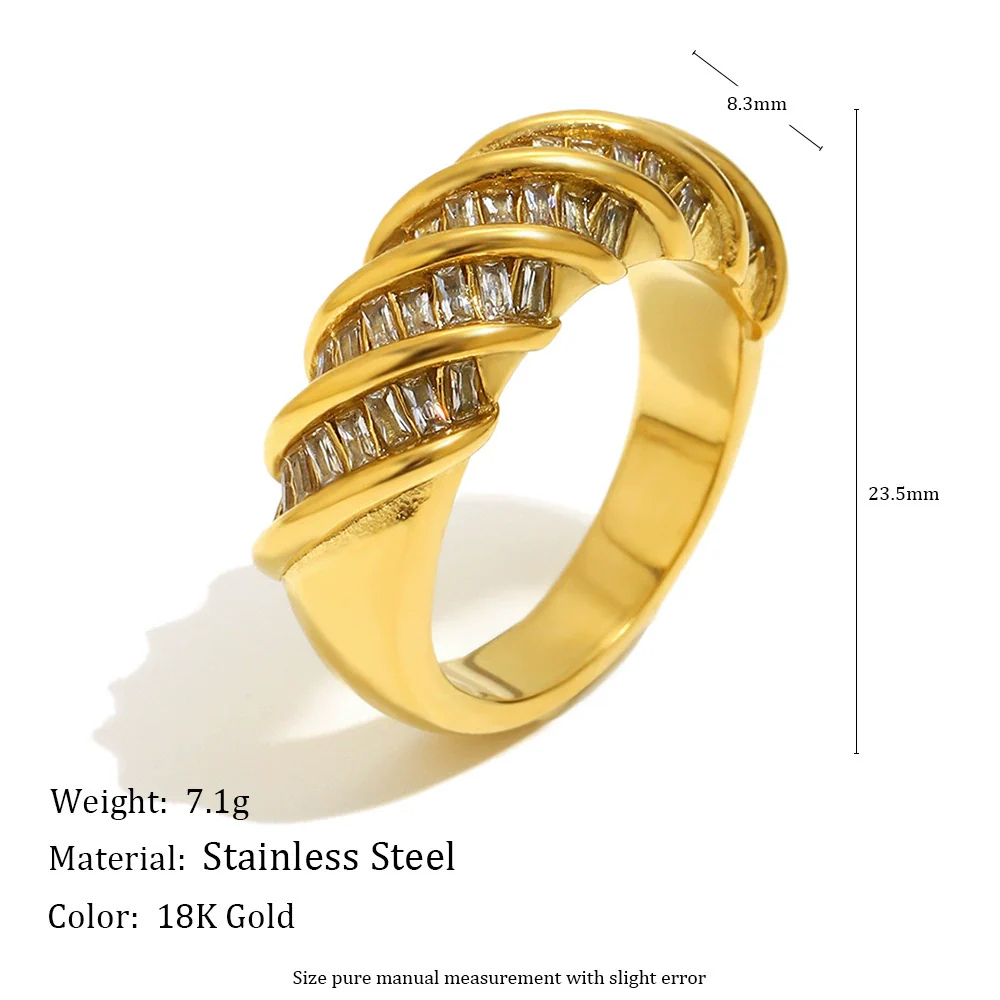 Wholesale Light Luxury Geometric Stainless Steel 18K Gold Plated Rectangular Zirconium Twisted Interface Ring For Women - Image 2