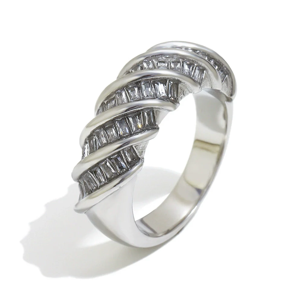 Wholesale Light Luxury Geometric Stainless Steel 18K Gold Plated Rectangular Zirconium Twisted Interface Ring For Women - Image 5