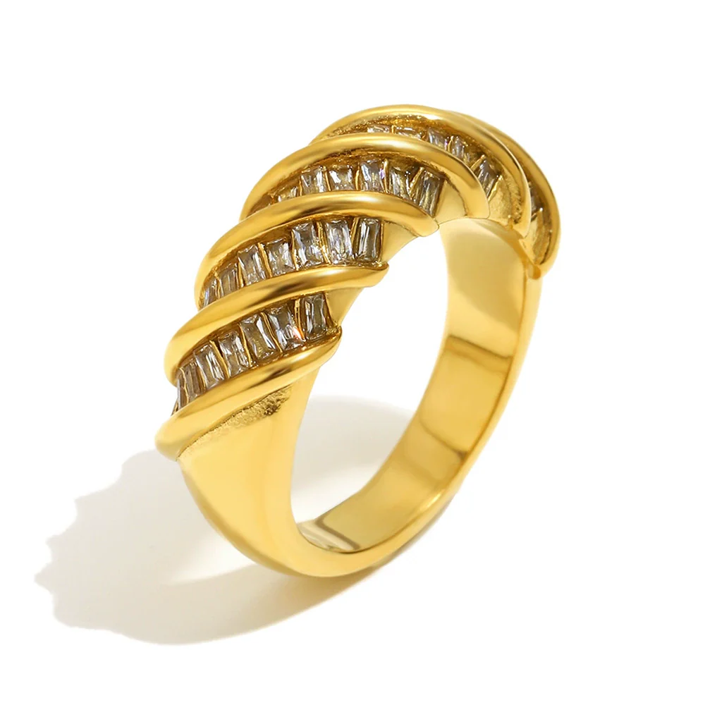 Wholesale Light Luxury Geometric Stainless Steel 18K Gold Plated Rectangular Zirconium Twisted Interface Ring For Women - Image 6