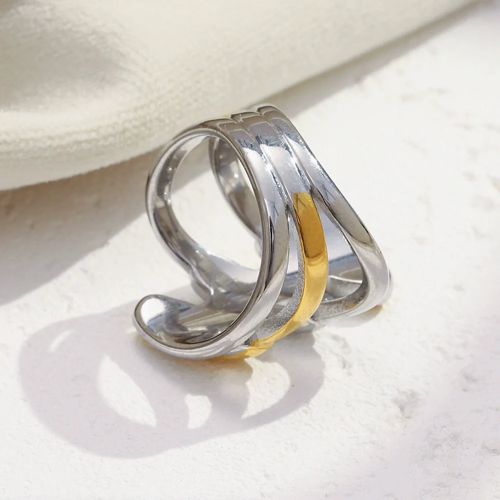 Wholesale Light Luxury Geometric Stainless Steel Electroplated 18K Gold Multilayer Ring For Women - Image 4