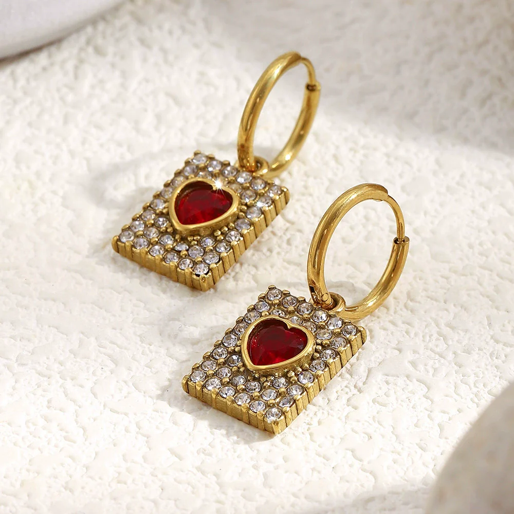 Wholesale Light Luxury Geometric Stainless Steel Electroplated 18K Gold Square Red Heart Earrings For Women - Image 3