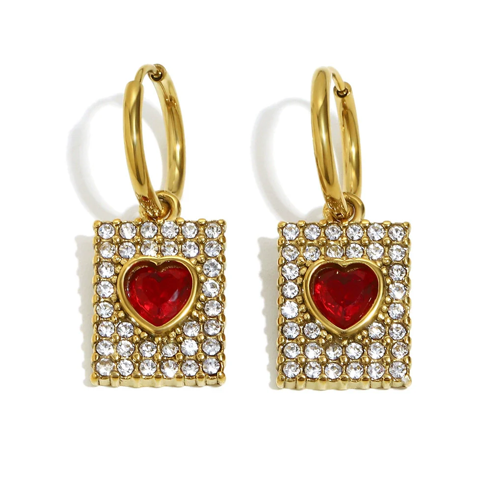 Wholesale Light Luxury Geometric Stainless Steel Electroplated 18K Gold Square Red Heart Earrings For Women - Image 6