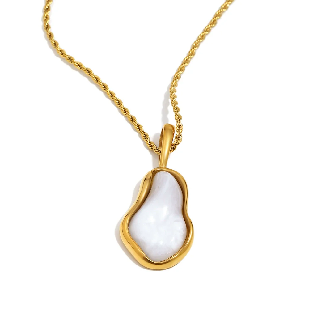 Wholesale Light Luxury Geometric Stainless Steel Vacuum Plated 18K Gold Imitation Baroque Pearl Shape Pendant Necklace For Women - Image 7