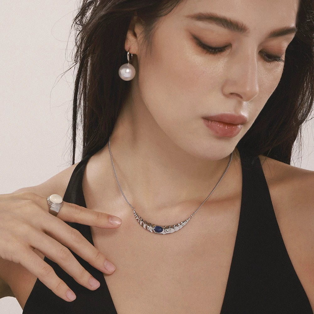 Wholesale Light Luxury Geometric Titanium Steel And Lapis Lazuli Ferris Wheel Crescentshaped Doublelayer Necklace With Electroplated Texturised Bead Earrings For Women - Image 3