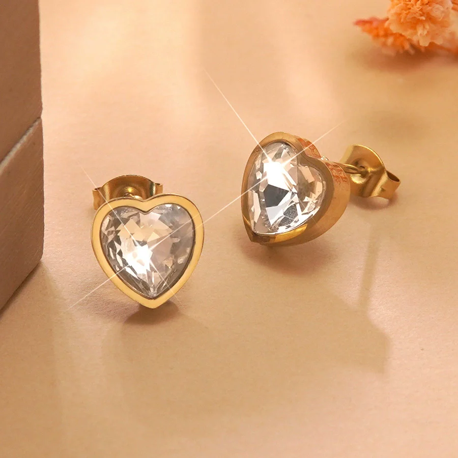Wholesale Light Luxury Goldplated Stainless Steel Heart Shape Zircon Earrings And Ear Bone Nails For Women - Image 3