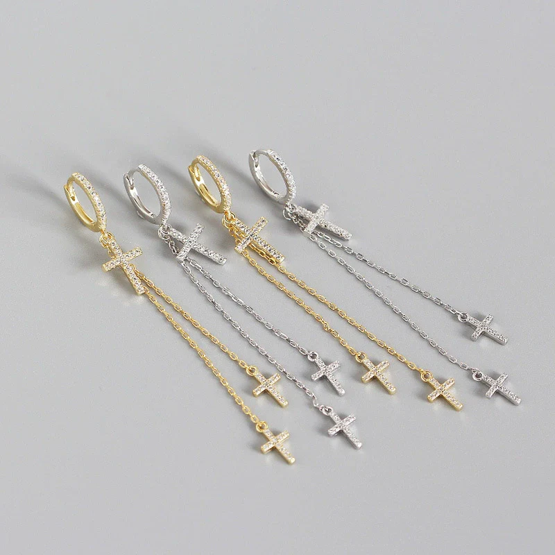 Wholesale Light Luxury S925 Sterling Silver Cross Diamond Tassel Ear Buckle Earrings With Electroplating