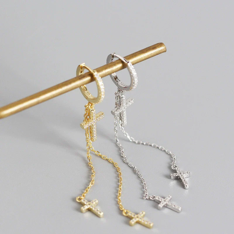 Wholesale Light Luxury S925 Sterling Silver Cross Diamond Tassel Ear Buckle Earrings With Electroplating - Image 2