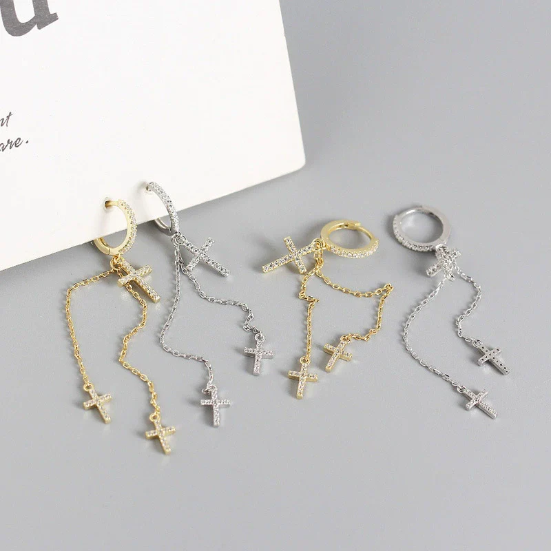 Wholesale Light Luxury S925 Sterling Silver Cross Diamond Tassel Ear Buckle Earrings With Electroplating - Image 3