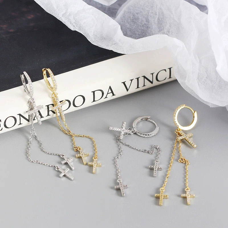 Wholesale Light Luxury S925 Sterling Silver Cross Diamond Tassel Ear Buckle Earrings With Electroplating - Image 4