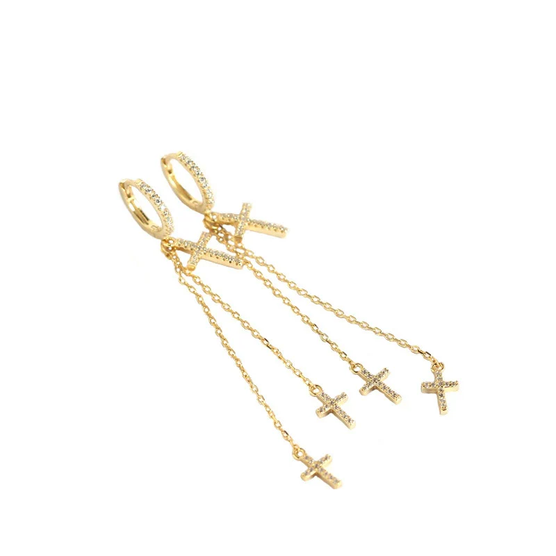 Wholesale Light Luxury S925 Sterling Silver Cross Diamond Tassel Ear Buckle Earrings With Electroplating - Image 5