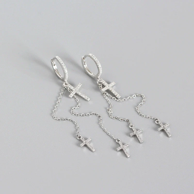Wholesale Light Luxury S925 Sterling Silver Cross Diamond Tassel Ear Buckle Earrings With Electroplating - Image 6