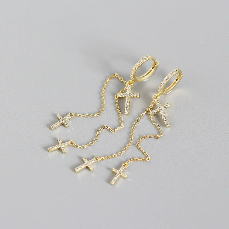 Wholesale Light Luxury S925 Sterling Silver Cross Diamond Tassel Ear Buckle Earrings With Electroplating - Image 7