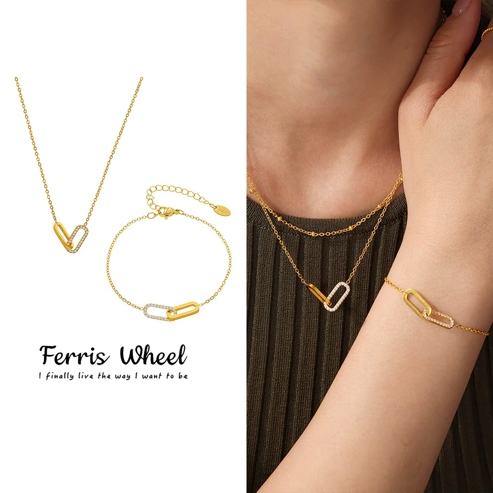 Wholesale Light Luxury Stainless Steel And Zircon Ferris Wheel Square Double Ring Buckle Inlaid Pendant Clavicle Chain And Bracelet Jewelry For Women Electroplated