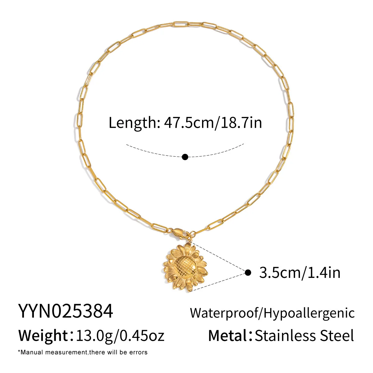 Wholesale Light Luxury Style 18K Real Gold Plated Sunflower Pendant Necklace With Paper Clip Chain For Women - Image 6