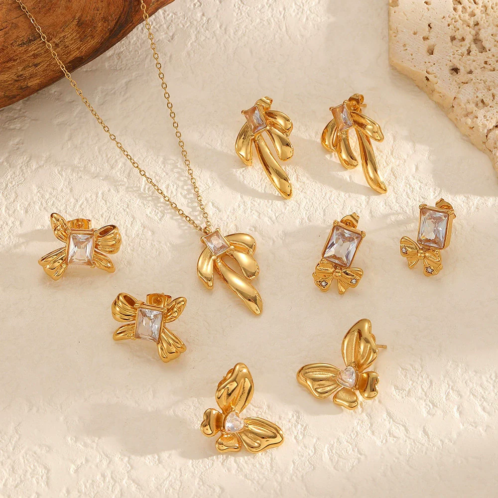 Wholesale Light Luxury Style Bow Tie Shape Stainless Steel Jewelry Set With Pvd Furnace Vacuum Real Gold Plating For Women