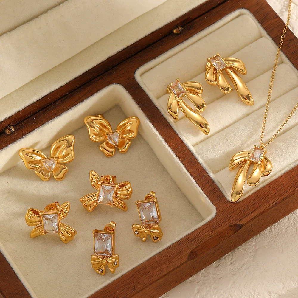 Wholesale Light Luxury Style Bow Tie Shape Stainless Steel Jewelry Set With Pvd Furnace Vacuum Real Gold Plating For Women - Image 2