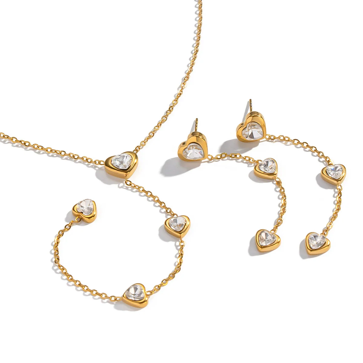 Wholesale Light Luxury Style Heart Water Drop Bell Pattern Zircon Titanium Steel Electroplated Earrings And O Word Chain Necklace Set For Women - Image 5