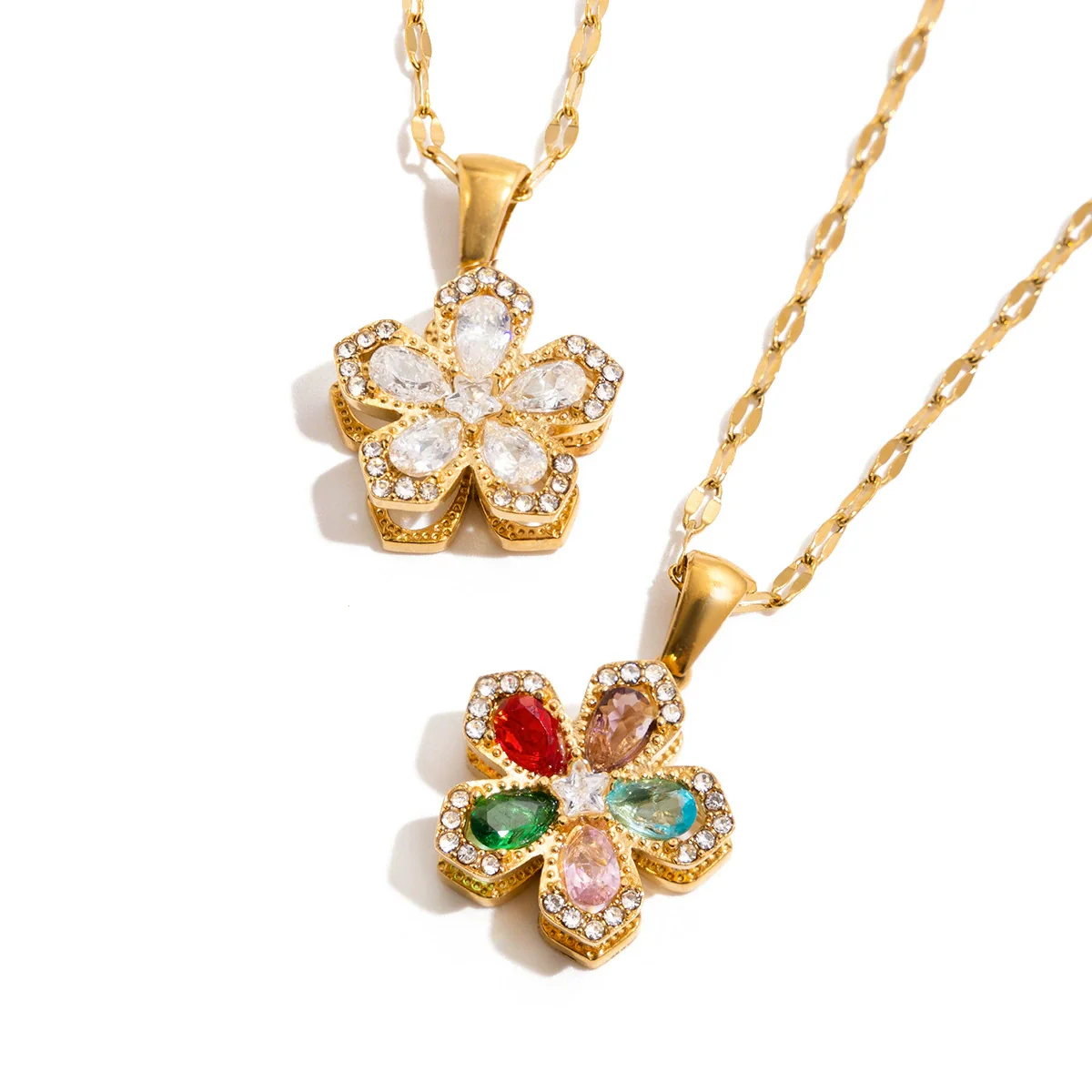 Wholesale Light Luxury Style Rotatable Geometric Flower Zircon Stainless Steel Electroplated Pendant Necklace For Women - Image 5