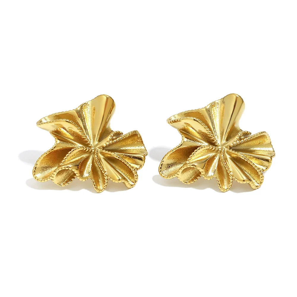 Wholesale Light Luxury Style Stainless Steel Electroplated 18K Gold Bead Edge Pleated Flower Earrings For Women - Image 5