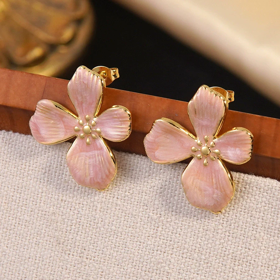 Wholesale Light Luxury Women's Dripping Oil Flower Stainless Steel Earrings - Image 6