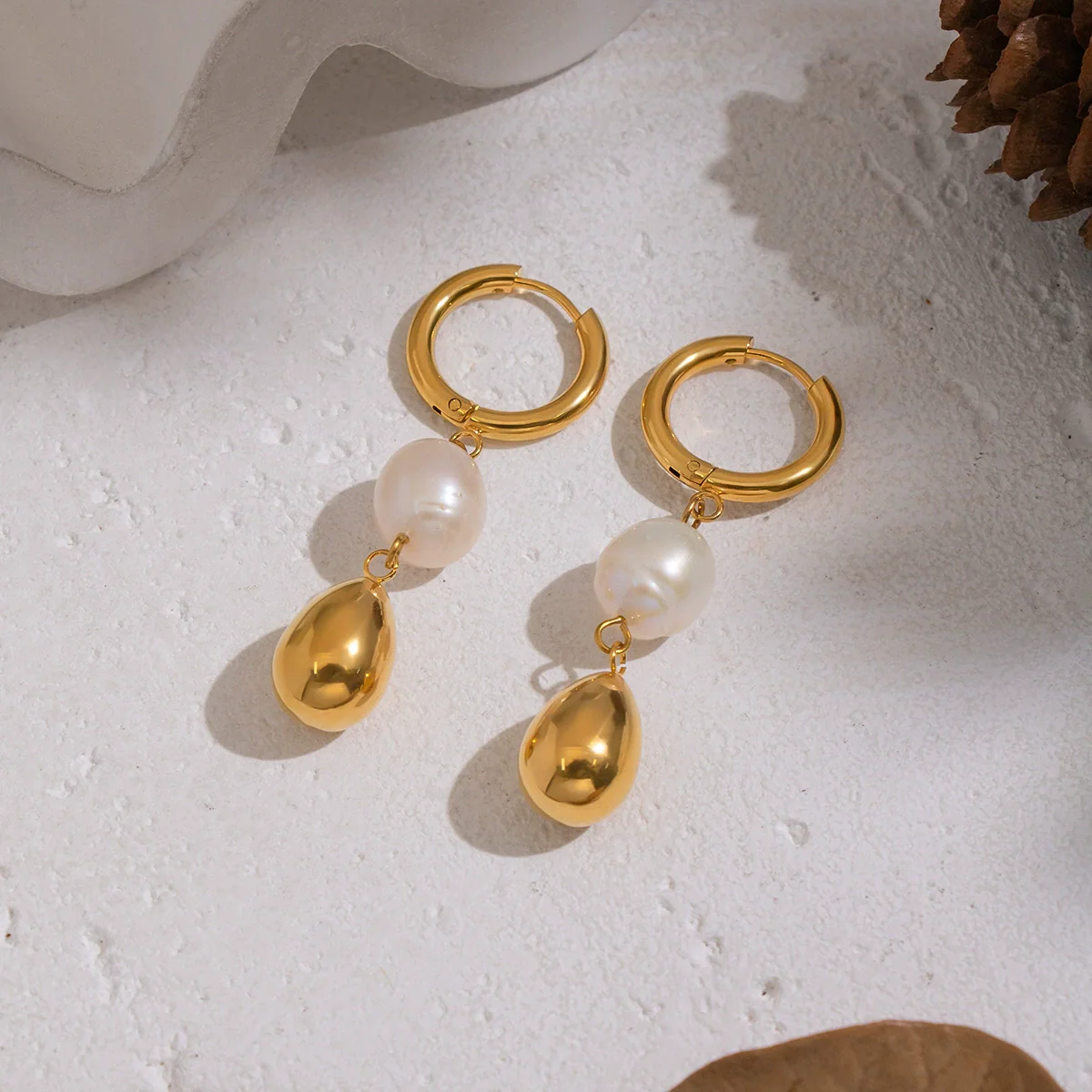 Wholesale Literary Retro Geometric Freshwater Pearl Earrings With Pvd Furnace Vacuum Real Gold Plating For Women - Image 2