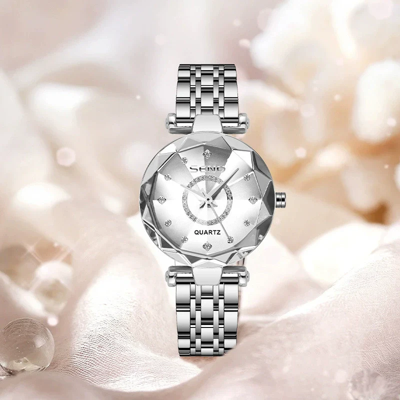 Wholesale Luxury Fashion Women's Waterproof Watch With Diamond Face And Multifaceted Mineral Strengthened Glass Mirror Stainless Steel Band And Spiral Crown - Image 3