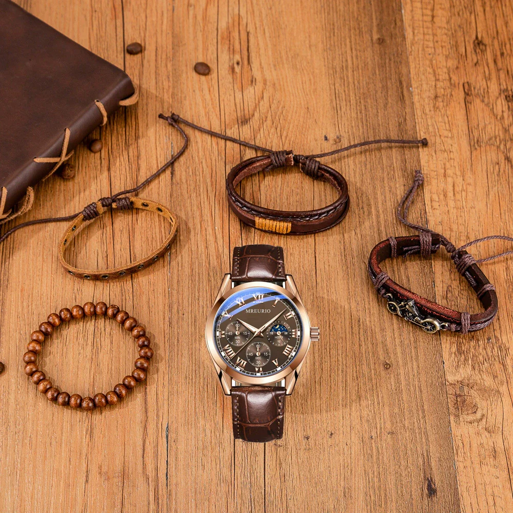 Wholesale Luxury Quartz Watch Gift Set For Men With Alloy Case Imitation Leather Strap And Stainless Steel Clasp In Round Shape And Leisure Style