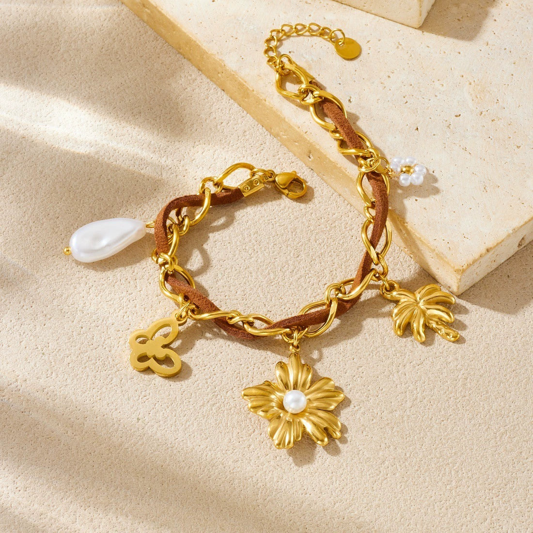 Wholesale Maillard Style Gold Electroplated Hollow Butterfly Flower Coconut Tree Pendant Stainless Steel Bracelet For Women - Image 3