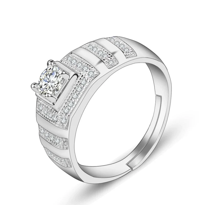 Wholesale Men's 925 Sterling Silver Geometric Ring With Loose Simulation Diamond And Platinum Electroplated - Image 4
