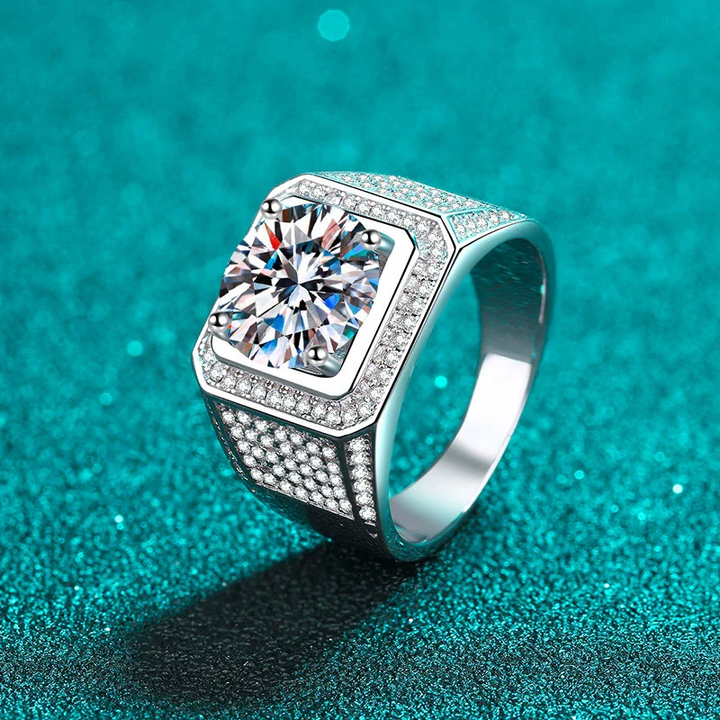 Wholesale Men's 925 Sterling Silver Ring With Moissanite Rhombus Pattern Plated Pt950 Gold - Image 3