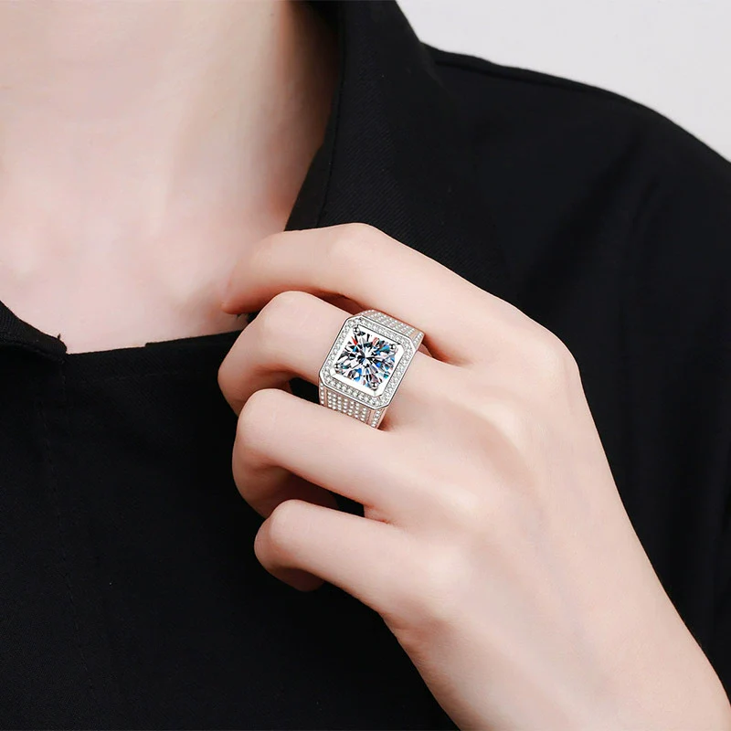 Wholesale Men's 925 Sterling Silver Ring With Moissanite Rhombus Pattern Plated Pt950 Gold - Image 4