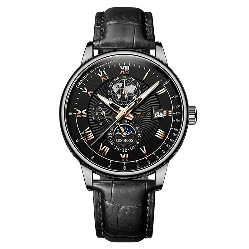 Wholesale Men's Alloy Imitation Leather Strap Business Style Round Dial Watch With Threeeye Calendar Starry Sky Moon Design - Image 10