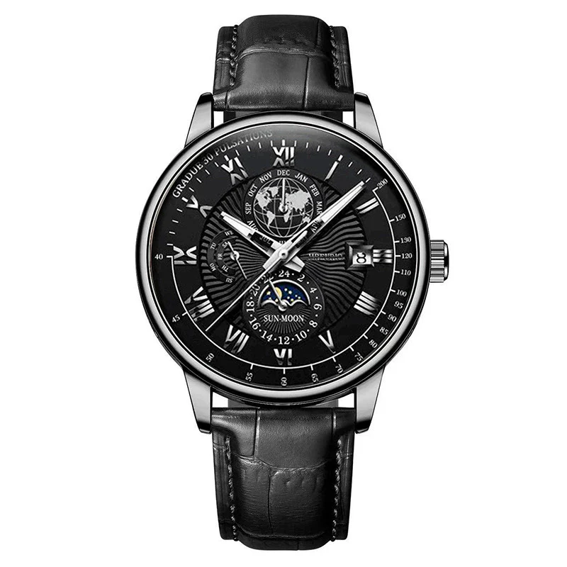Wholesale Men's Alloy Imitation Leather Strap Business Style Round Dial Watch With Threeeye Calendar Starry Sky Moon Design - Image 11