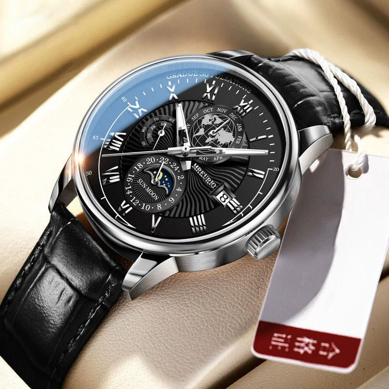 Wholesale Men's Alloy Imitation Leather Strap Business Style Round Dial Watch With Threeeye Calendar Starry Sky Moon Design - Image 4